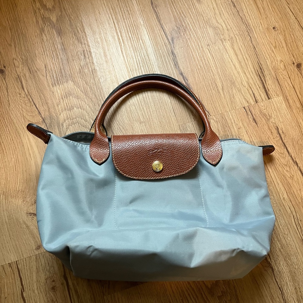 Longchamp Le Pliage Small Tote in Blue Grey with Brown Leather Trim